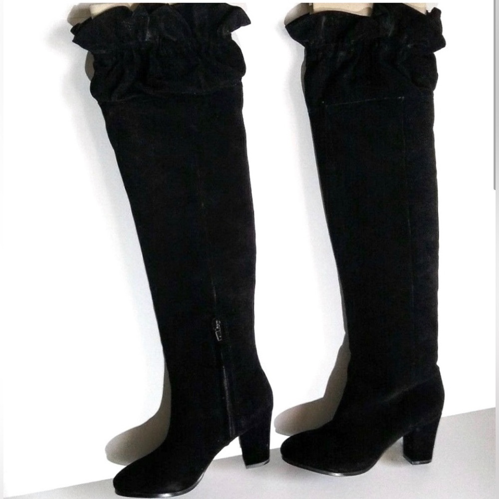 Libby Edelman Charisma Black Suede Leather Ruffled Over Knee Tall Heel Boots